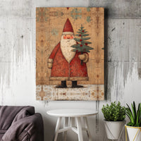 Vintage Christmas Tree Painting, Folk Art Santa Claus Canvas, Rustic Holiday Canvas Wall Art, Winter Farmhouse Wall Decor, Xmas Canvas Art