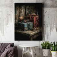 Holiday Candlelight Canvas Wall Art, Christmas Still Life Canvas Print, Festive Gift Box Painting Canvas, Comfy Winter Home Decor Present