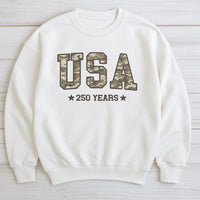 Camo USA Sweatshirt | America 250 Years Patriotic Design | Soft Cotton Blend Comfort Fleece | Gift for Military Veterans and Hunting Enthusiasts