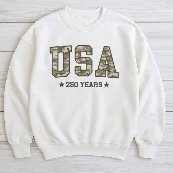 Camo USA Sweatshirt | America 250 Years Patriotic Design | Soft Cotton Blend Comfort Fleece | Gift for Military Veterans and Hunting Enthusiasts