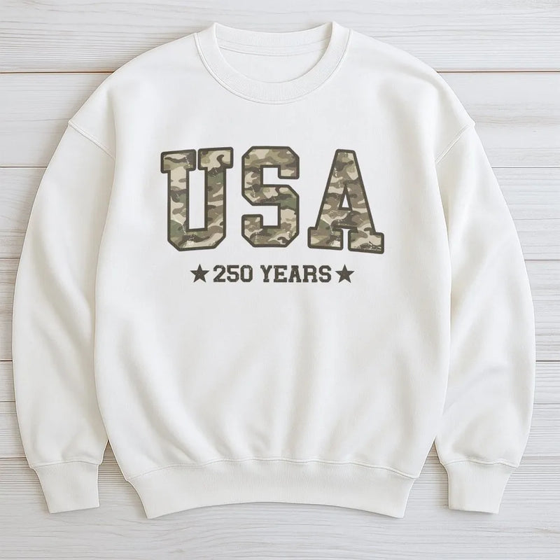 Camo USA Sweatshirt | America 250 Years Patriotic Design | Soft Cotton Blend Comfort Fleece | Gift for Military Veterans and Hunting Enthusiasts