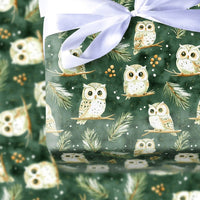 Forest Green Christmas Gift Wrap, Woodland Owl Wrapping Paper, Watercolor Winter Pine Present Paper, Snowy Bird Holiday Wrapping Paper