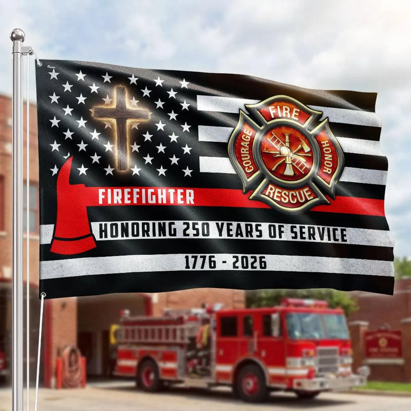 Firefighter American Flag | 250 Year Service Cross Design | UV-Resistant Polyester Grommet Flag | First Responder Gift