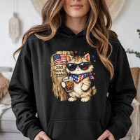 Patriotic Cat Hoodie | 250 Years Freedom Cartoon Cat in Sunglasses Art | Soft Cotton-Polyester Blend | Gift for Cat Lover