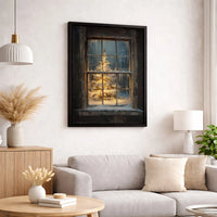 Winter Holiday Lights Canvas Print, Christmas Tree Snowy Window Canvas Art, Comfy Farmhouse Christmas Wall Decor, Seasonal Holiday Present