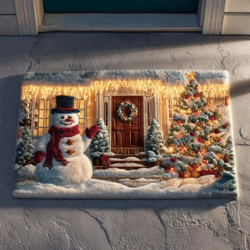 Winter Snowy House Welcome Mat, Christmas Snowman Doormat, Holiday Porch Doormat, Christmas Tree Floor Mat, Festive Winter Door Mat Present