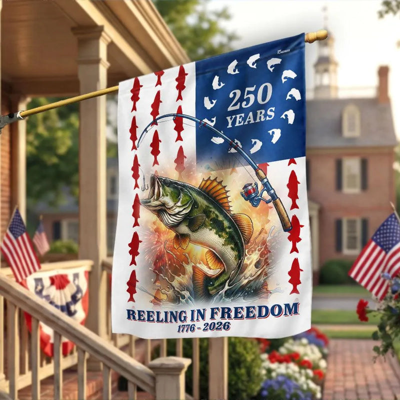 Bass Fishing Garden Flag | 250 Years Reeling in Freedom Patriotic Design | Double-Sided Polyester | Americana Outdoor Decor for Anglers
