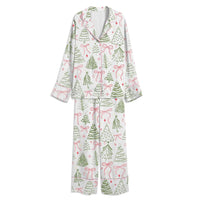 Vintage Coquette Bow Holiday Satin Pajama Set, Christmas Tree Pajama Set, Long Sleeve Winter Button Up Pajama Set, Xmas Sleepwear Present