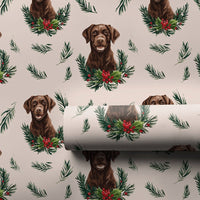 Dog Wreath Holiday Gift Wrap, Chocolate Labrador Christmas Wrapping Paper, Pet Lover Wrapping Paper, Festive Winter Puppy Gift Wrap Roll