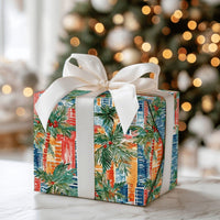 Palm Tree Cityscape Gift Wrap, Tropical Christmas Wrapping Paper, Red Berry Watercolor Gift Wrapping Paper, Coastal Holiday Present Wrap
