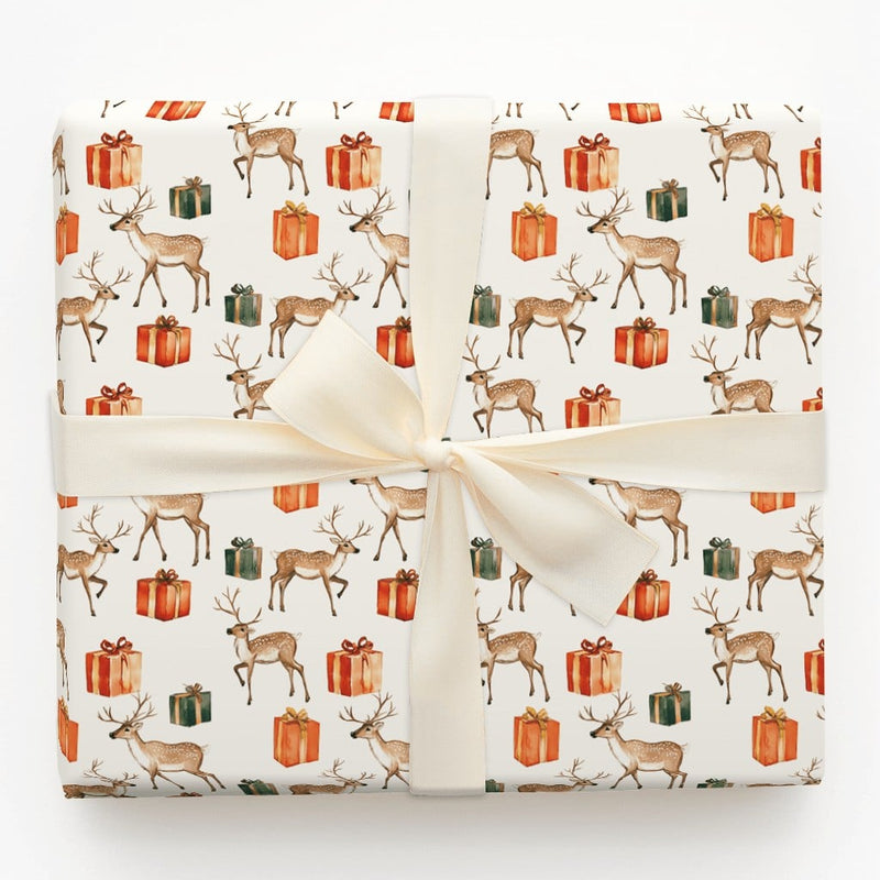 Woodland Deer and Presents Gift Wrap, Watercolor Reindeer Wrapping Paper, Rustic Christmas Deer Wrapping Paper, Holiday Gift Wrap Roll