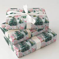 Watercolor Holiday Gift Wrap, Pastel Winter Village Christmas Wrapping Paper, Pink Green Christmas Tree Wrap, Comfy Snowy Village Present Paper