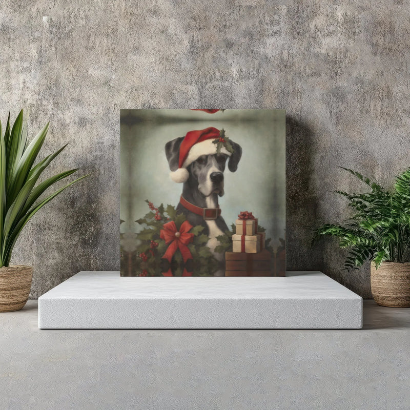 Vintage Holiday Dog Portrait Print, Great Dane Christmas Canvas Art, Festive Puppy Wall Decor, Pet Lover Digital Download
