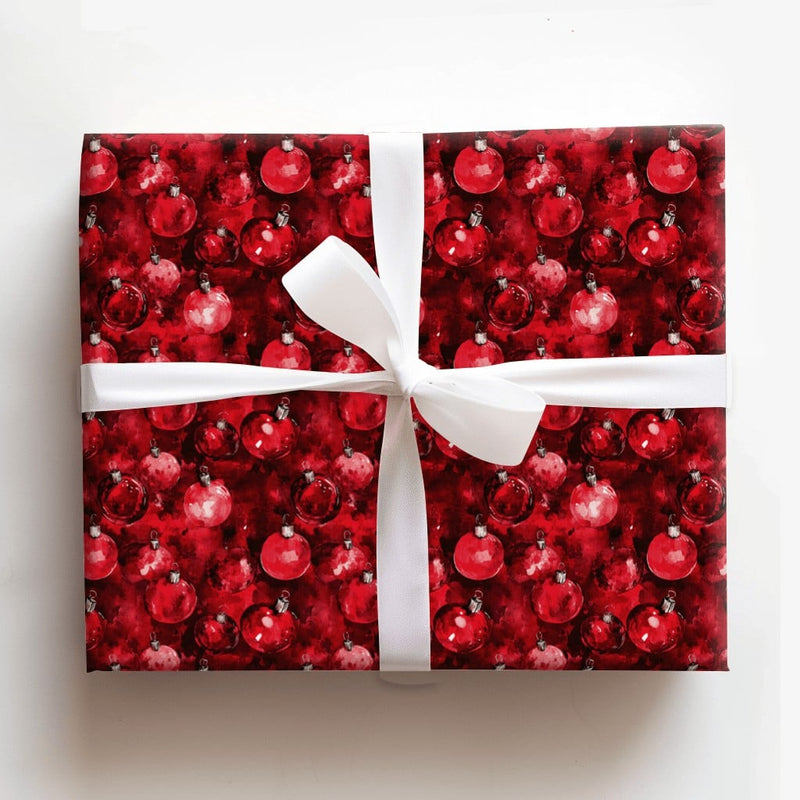 Watercolor Christmas Wrapping Paper, Red Ornament Wrapping Paper, Festive Bauble Gift Wrap, Elegant Holiday Present Wrap Roll