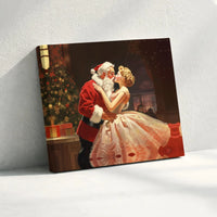 Retro Christmas Romance Canvas, Vintage Santa Claus Kissing Woman Canvas, Holiday Canvas Print, Festive Xmas Wall Art, Seasonal Winter Present