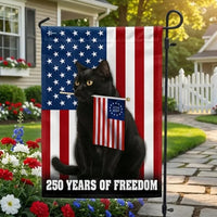 250 Years of Freedom Garden Flag | Black Cat Americana Design | Double-Sided Polyester | Patriotic Yard Decor Gift