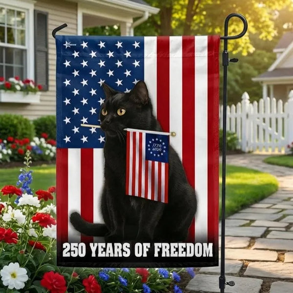 250 Years of Freedom Garden Flag | Black Cat Patriotic Design | Double-Sided Weather-Resistant Polyester | American Independence Gift
