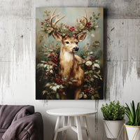 Rustic Reindeer Wreath Canvas Print, Winter Deer Canvas Wall Art, Holiday Christmas Wall Art Canvas, Farmhouse Winter Decor Present
