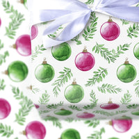 Christmas Bauble Wrapping Paper, Watercolor Pink and Green Ornament Wrapping Paper, Botanical Holiday Wrapping Paper, Festive Gift Wrap