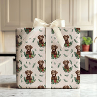 Dog Wreath Holiday Gift Wrap, Chocolate Labrador Christmas Wrapping Paper, Pet Lover Wrapping Paper, Festive Winter Puppy Gift Wrap Roll