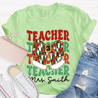 Custom Name Holiday Educator Graphic Tee, Personalized Teacher Christmas Bow Shirt, Adorable Winter Classroom T-Shirt, Teacher Xmas Present Idea