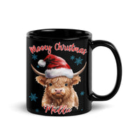Watercolor Cow in Santa Hat Coffee Mug, Personalized Highland Cow Christmas Mug, Custom Name Holiday Ceramic Mug, Xmas Coffee Cup