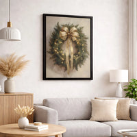 Gold Bow Holiday Lights Canvas Print, Christmas Wreath Canvas Wall Art, Painterly Xmas Canvas Decor, Festive Winter Wall Art Holiday Present