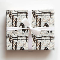 Snowy Equestrian Gift Wrap, Winter Horse Wrapping Paper, Rustic Pinto Horse Christmas Wrapping Paper, Farm Holiday Present Wrap Roll
