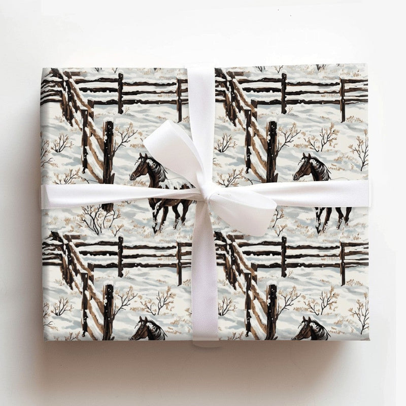 Snowy Equestrian Gift Wrap, Winter Horse Wrapping Paper, Rustic Pinto Horse Christmas Wrapping Paper, Farm Holiday Present Wrap Roll