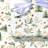 Pinecone Holiday Gift Wrap, Watercolor Christmas Tree Wrapping Paper, Gold Ornament Gift Wrap Roll, Botanical Xmas Present Paper