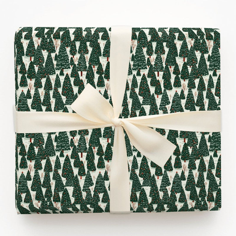 Snowy Pine Tree Gift Wrap, Winter Evergreen Forest Christmas Wrapping Paper, Rustic Woodland Wrapping Paper, Holiday Season Present Wrap