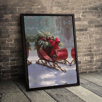 Snowy Pine Tree Wall Art, Vintage Christmas Sleigh Canvas Print, Festive Winter Holiday Poster, Digital Download Print, Christmas Decor Present