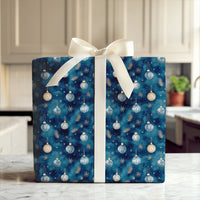 Elegant Snowflake Christmas Gift Wrap, Navy Blue Gold Ornament Wrapping Paper, Winter Baubles Wrapping Paper, Holiday Present Gift Wrap Roll