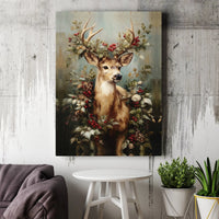 Festive Woodland Stag Holly Berries Painting, Christmas Deer Canvas Wall Art Print, Rustic Winter Deer Decor, Holiday Wall Art Present