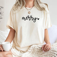 Minimalist Holiday Graphic Tee, Merry Christmas Script Heart T-Shirt, Adorable Festive Xmas Tree Shirt, Winter Family Matching Apparel