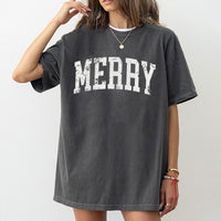 Retro Distressed Varsity Lettering Tee, Merry Christmas T-Shirt, Vintage Holiday Graphic Shirt, Comfy Xmas Aesthetic Present for Women and Men