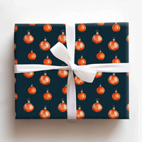 Navy Blue Holiday Gift Wrap, Orange Ornaments Christmas Wrapping Paper, Watercolor Baubles Wrapping Paper, Winter Season Present Wrap