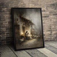 Holy Family with Lambs Canvas, Nativity Scene Canvas Print, Christian Christmas Wall Art, Religious Holiday Wall Decor, Jesus Birth Canvas