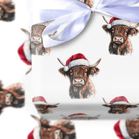 Santa Hat Farmhouse Gift Wrap Roll, Highland Cow Christmas Wrapping Paper, Rustic Cattle Holiday Wrapping Paper, Western Winter Gift Wrap
