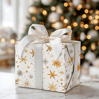 Celestial Snowflake Gift Wrap, Golden Star Christmas Wrapping Paper, Winter Holiday Gift Wrap Roll, Elegant Gold Star Present Paper