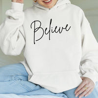 Minimalist Cursive Holiday Script Sweatshirt, Believe Christmas Hoodie, Winter Festive Polar Express Pullover, Comfy Xmas Hooded Apparel