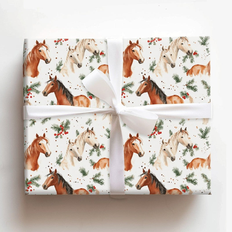 Watercolor Equestrian Gift Wrap, Horse Christmas Wrapping Paper, Festive Winter Horse Wrapping Paper, Pine Holly Gift Wrap, Horse Lover Wrap