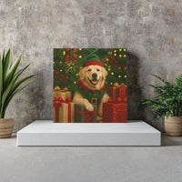 Adorable Dog Elf Costume Canvas Wall Art, Golden Retriever Christmas Canvas Print, Holiday Dog Lover Canvas Art, Winter Pet Decor Present