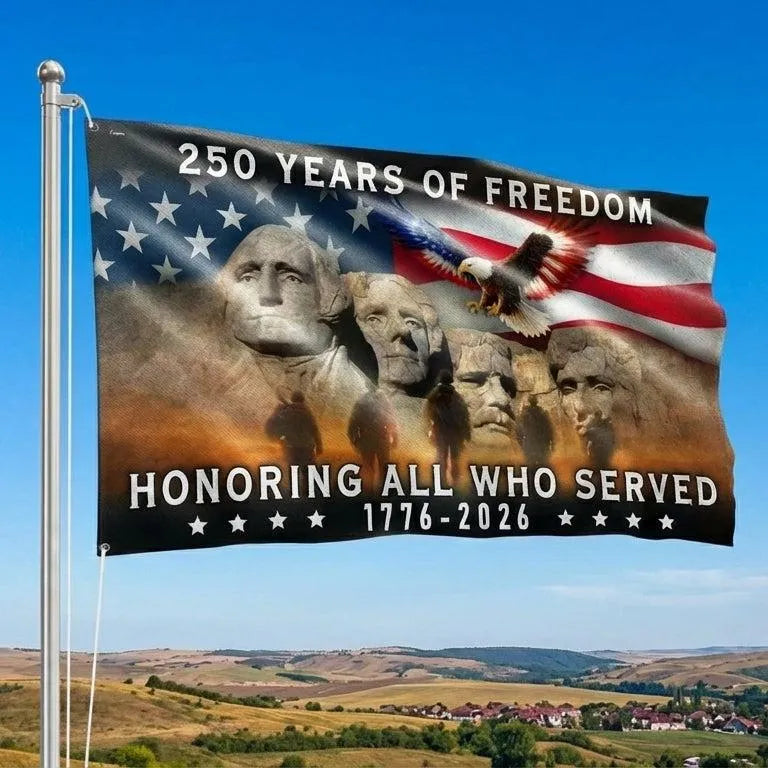 250 Years of Freedom Veterans Flag | Mt Rushmore Eagle Design | Double-Sided Polyester Grommet Flag | Military Tribute Gift 1776-2026