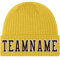 Custom Gold Brown-White Stitched Cuffed Knit Hat