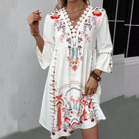 V-Neck Floral Polyester Dress with Lace Detail
