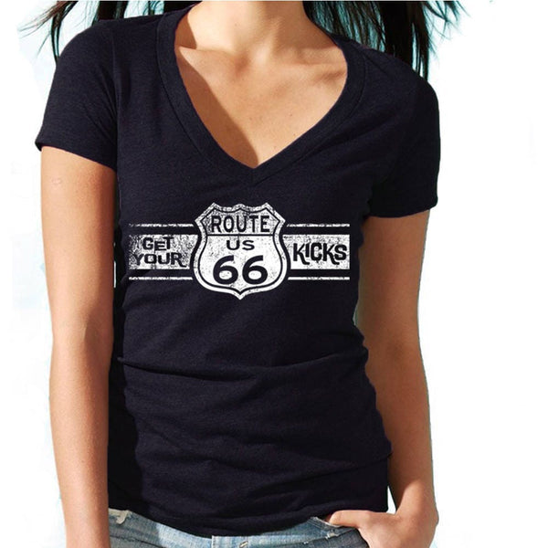 Route 66 V-Neck T-Shirt: Vintage Travel Graphic Tee
