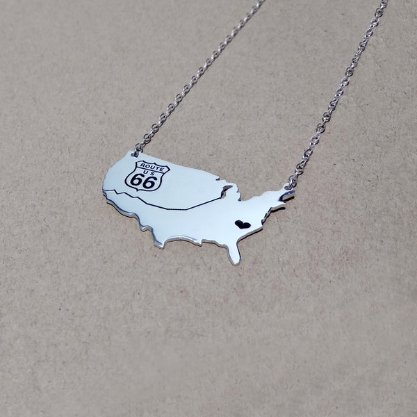 US Route 66 Travel Map Necklace 2"inch State Charm Necklace State Shaped Necklace Personalized State Necklace Custom Necklace With A Heart