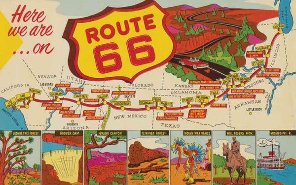 Vintage 1950's style Here We Are US Route 66 highway retro travel decal sticker state map