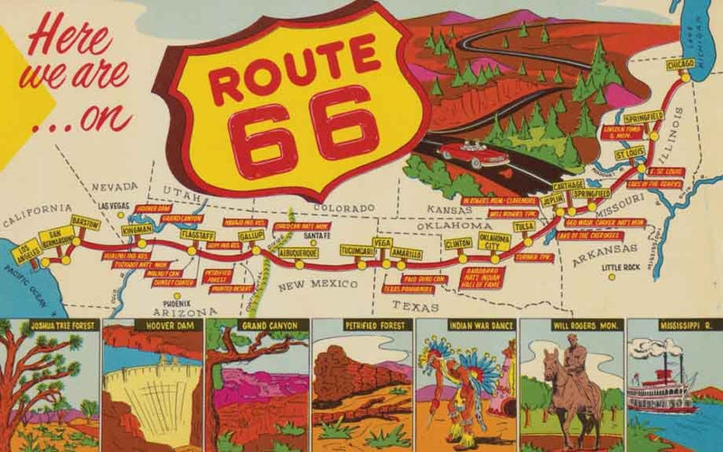 Vintage 1950's style Here We Are US Route 66 highway retro travel decal sticker state map
